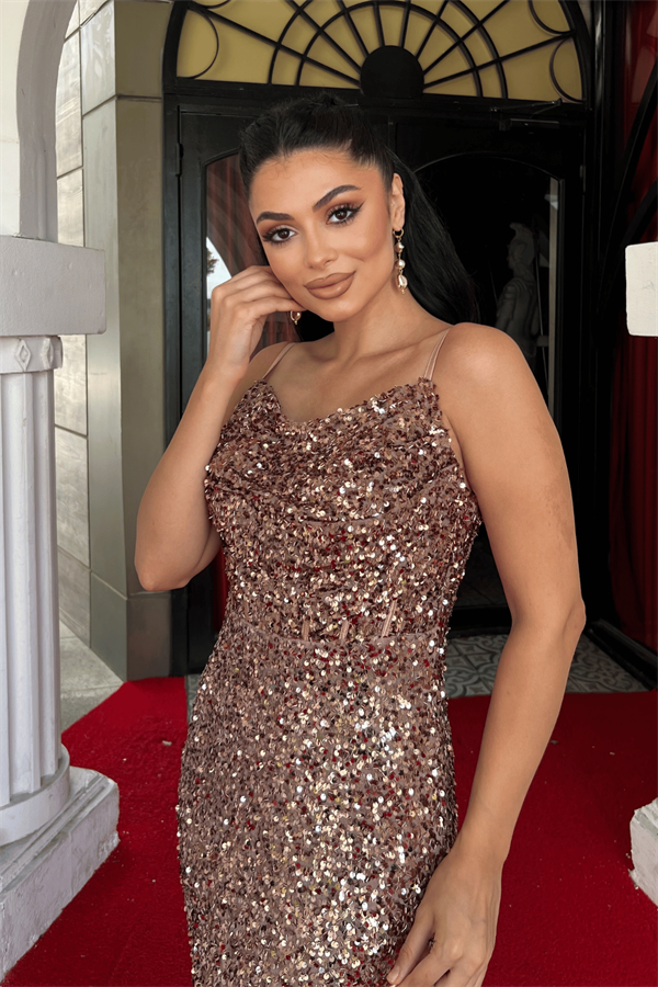 Pul Payet Kumaş Degaje Yaka Askılı Abiye Elbise - KAHVERENGİ