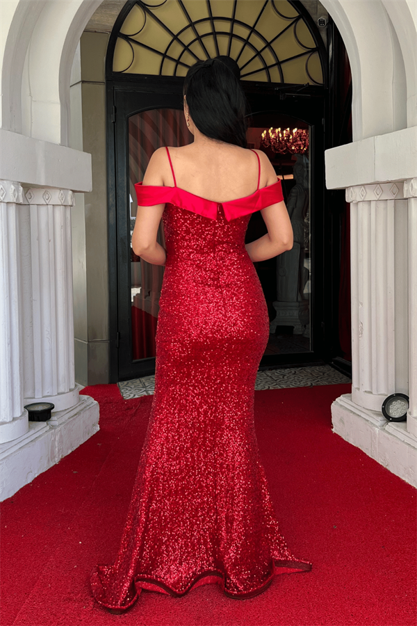 Pul Payet Kumaş Kayık Yaka Abiye Elbise - KIRMIZI