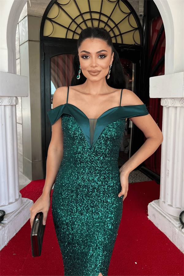 Pul Payet Kumaş Kayık Yaka Abiye Elbise - ZÜMRÜT YEŞİL