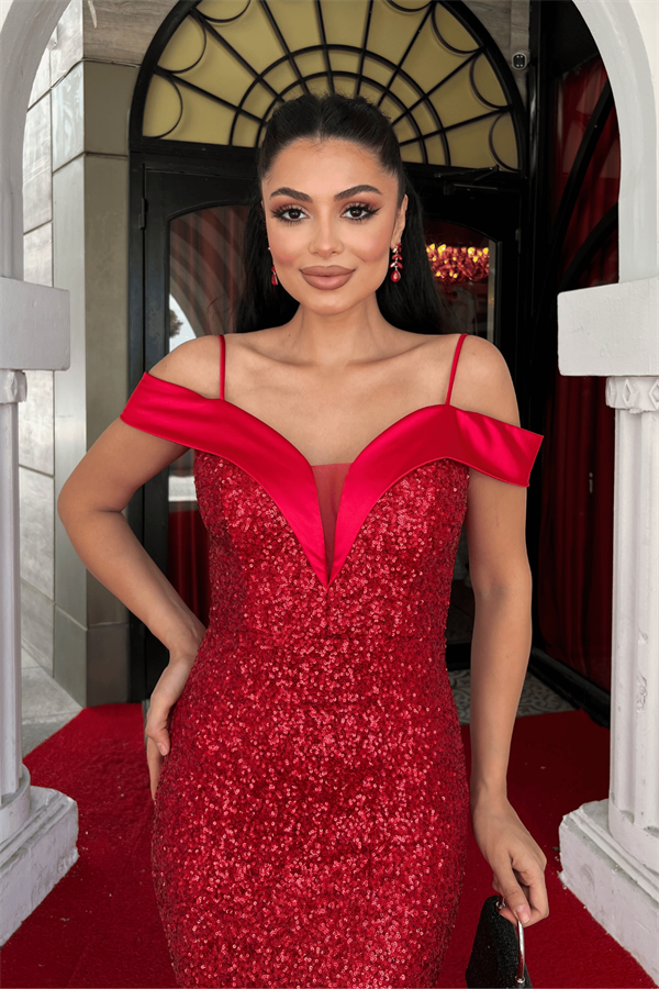 Pul Payet Kumaş Kayık Yaka Abiye Elbise - KIRMIZI