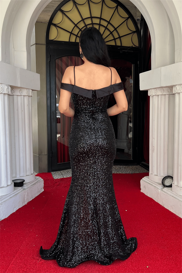 Pul Payet Kumaş Kayık Yaka Abiye Elbise - SİYAH