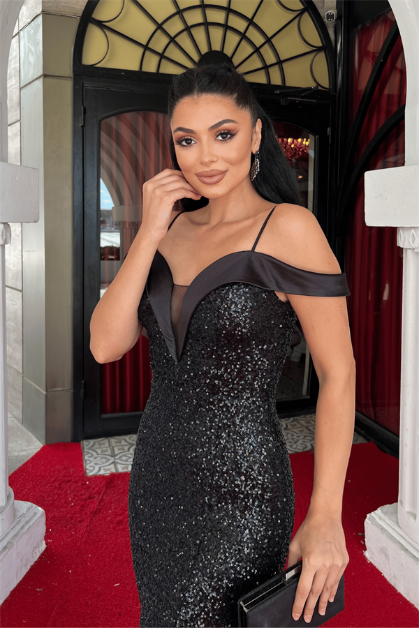 Pul Payet Kumaş Kayık Yaka Abiye Elbise - SİYAH