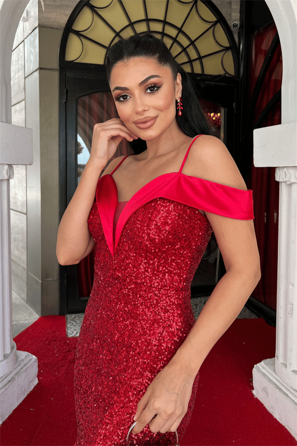 Pul Payet Kumaş Kayık Yaka Abiye Elbise - KIRMIZI