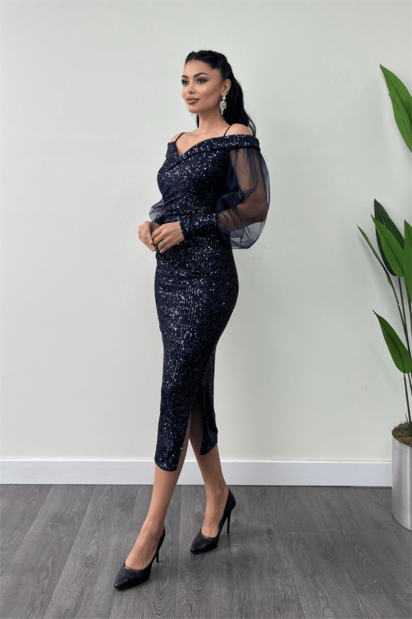 Pul Payet Kumaş Kayık Yaka Kalem Elbise - LACİVERT