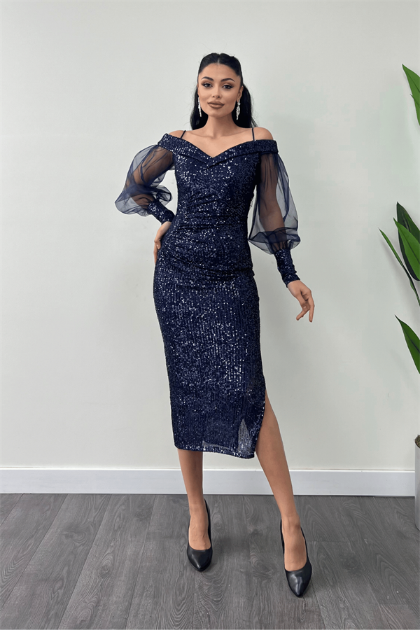 Pul Payet Kumaş Kayık Yaka Kalem Elbise - LACİVERT
