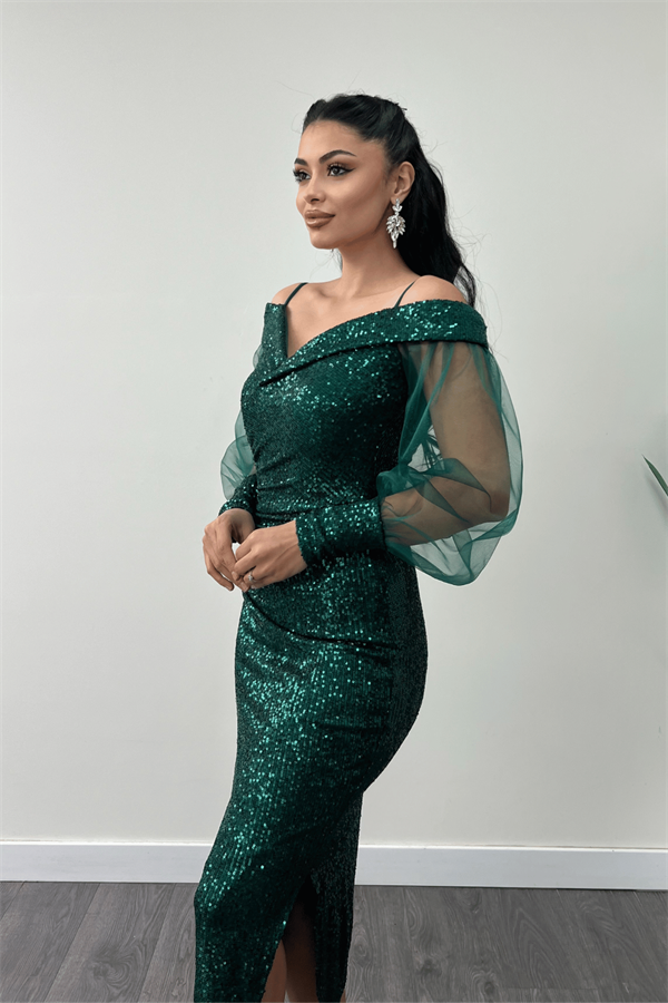 Pul Payet Kumaş Kayık Yaka Kalem Elbise - ZÜMRÜT YEŞİL