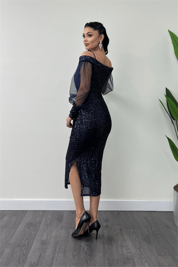 Pul Payet Kumaş Kayık Yaka Kalem Elbise - LACİVERT