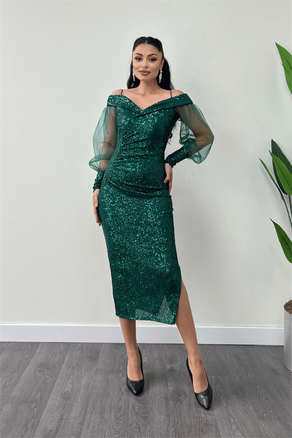 Pul Payet Kumaş Kayık Yaka Kalem Elbise - ZÜMRÜT YEŞİL