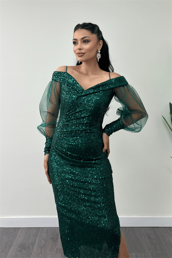 Pul Payet Kumaş Kayık Yaka Kalem Elbise - ZÜMRÜT YEŞİL