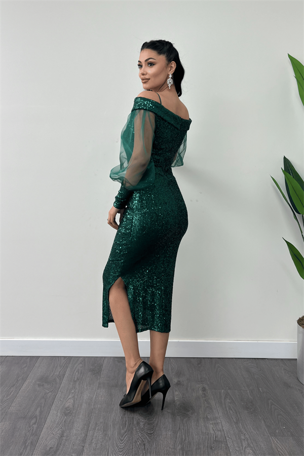 Pul Payet Kumaş Kayık Yaka Kalem Elbise - ZÜMRÜT YEŞİL