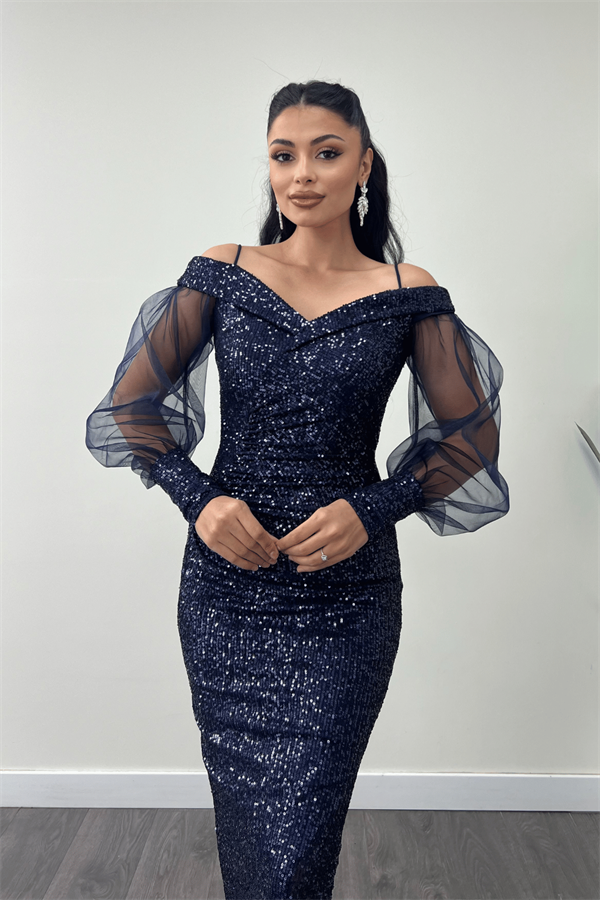 Pul Payet Kumaş Kayık Yaka Kalem Elbise - LACİVERT