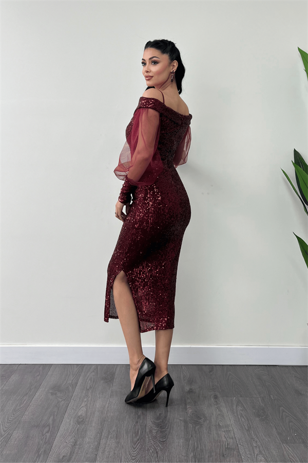 Pul Payet Kumaş Kayık Yaka Kalem Elbise - BORDO