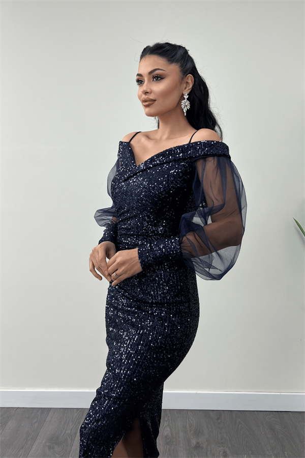 Pul Payet Kumaş Kayık Yaka Kalem Elbise - LACİVERT
