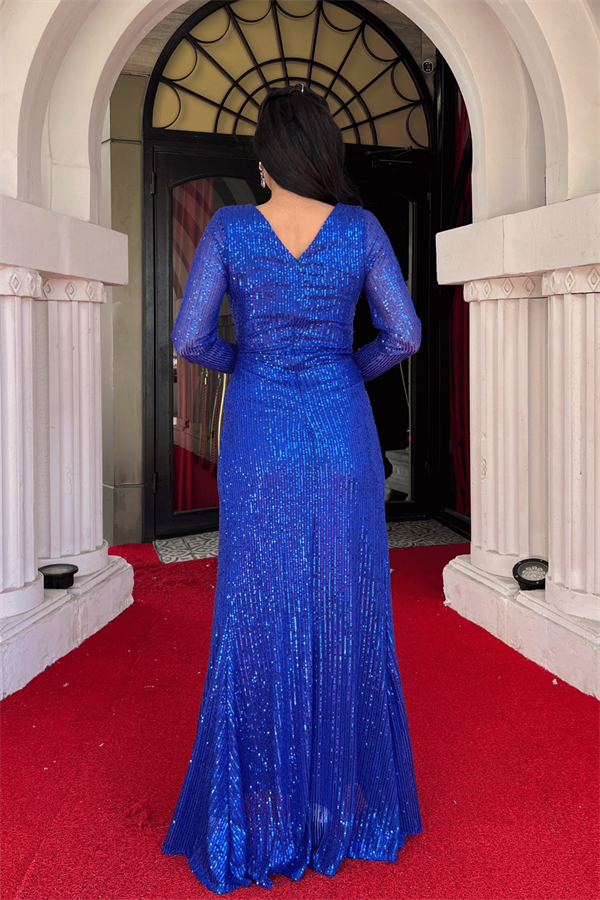 Pul Payet Kumaş Kruvaze Yaka Abiye Elbise - SAKS MAVİ