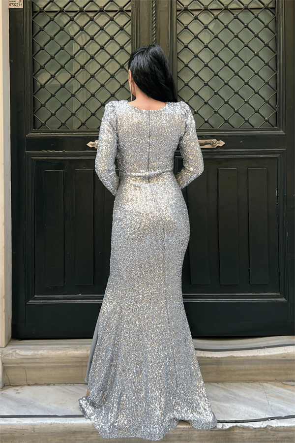 Pul Payet Kumaş Kruvaze Yaka Balık Elbise - BEYAZ