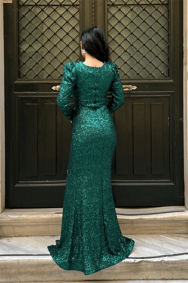 Pul Payet Kumaş Kruvaze Yaka Balık Elbise - ZÜMRÜT YEŞİL