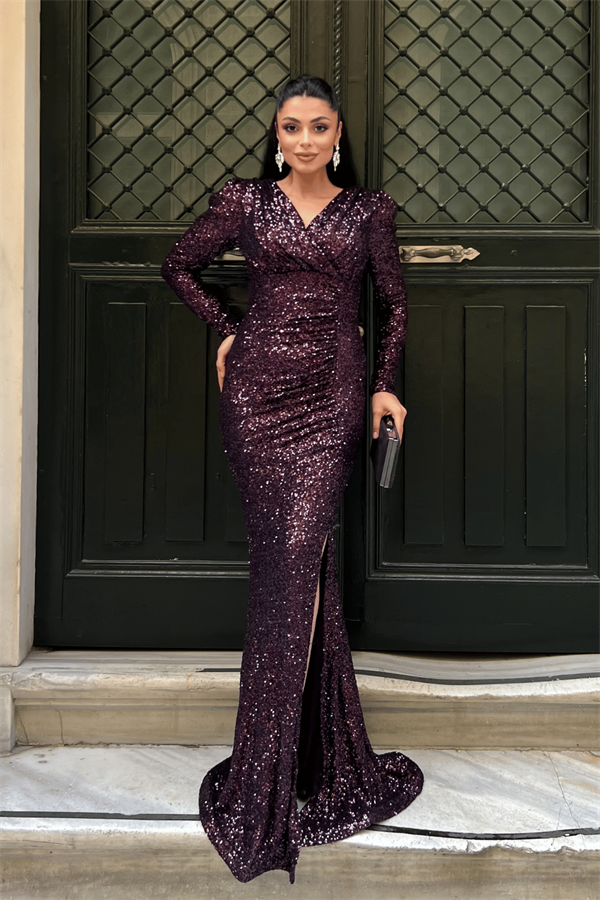 Pul Payet Kumaş Kruvaze Yaka Balık Elbise - PATLICAN MOR