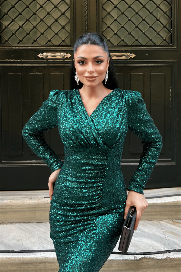 Pul Payet Kumaş Kruvaze Yaka Balık Elbise - ZÜMRÜT YEŞİL