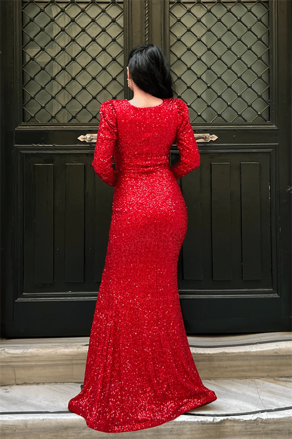 Pul Payet Kumaş Kruvaze Yaka Balık Elbise - KIRMIZI