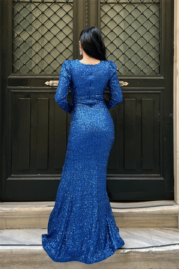 Pul Payet Kumaş Kruvaze Yaka Balık Elbise - SAKS MAVİ