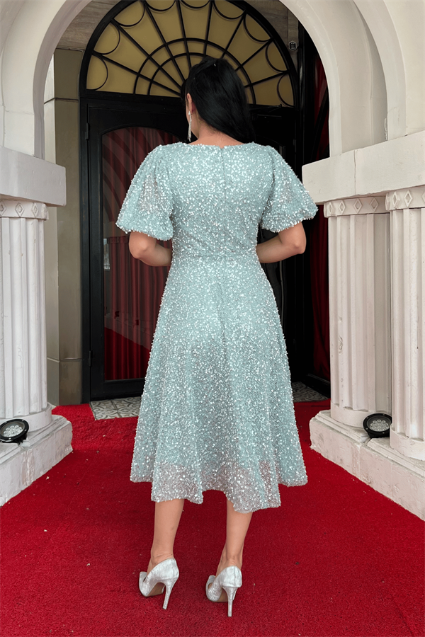 Pul Payet Kumaş Midi Boy Elbise - MİNT YEŞİLİ