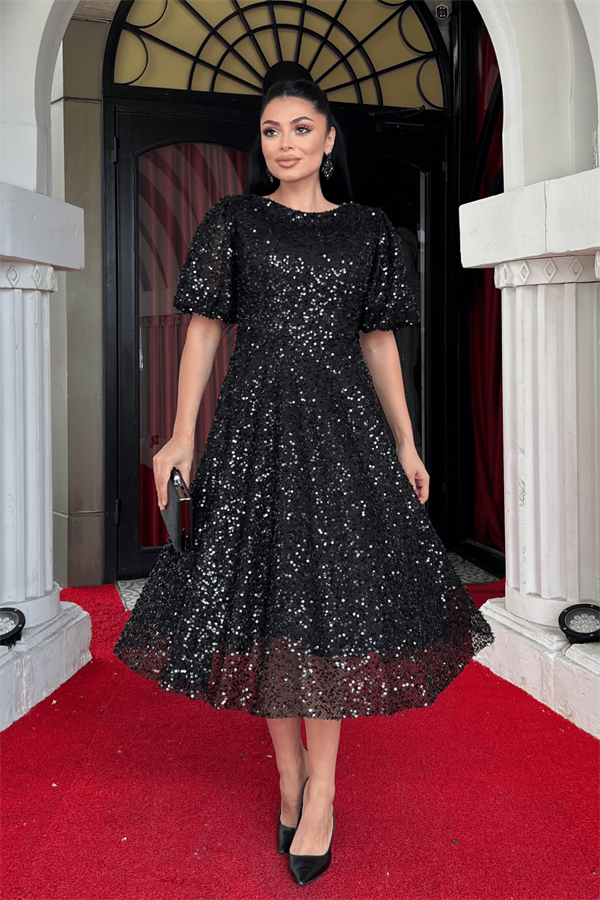 Pul Payet Kumaş Midi Boy Elbise - SİYAH