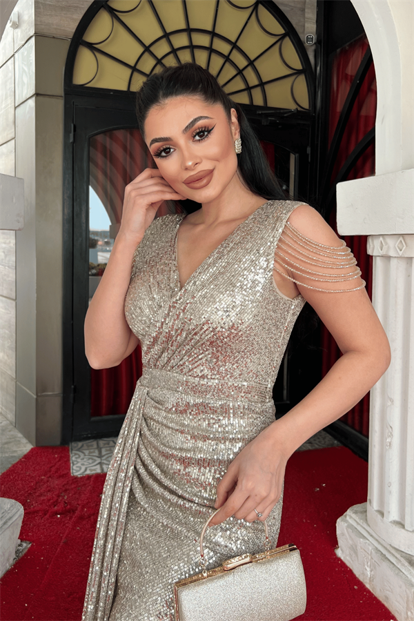 Pul Payet Kumaş Omuz Püskül Boncuk Balık Elbise - GOLD