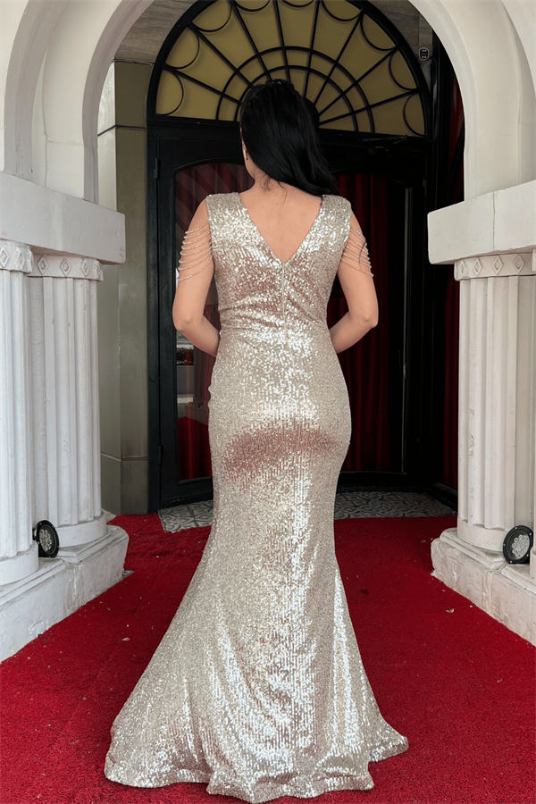 Pul Payet Kumaş Omuz Püskül Boncuk Balık Elbise - GOLD