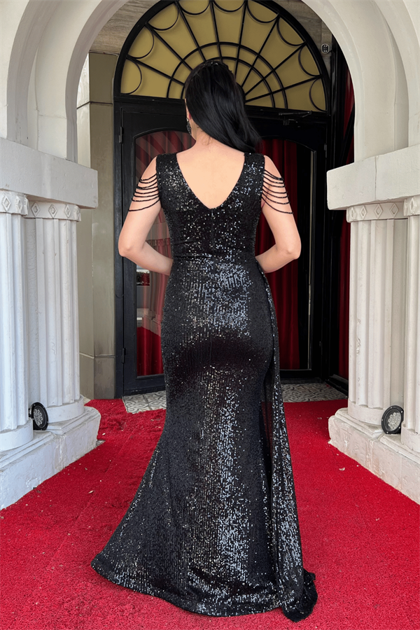 Pul Payet Kumaş Omuz Püskül Boncuk Balık Elbise - SİYAH