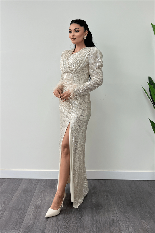 Pul Payet Kumaş Otriş Detaylı Abiye Elbise - GOLD