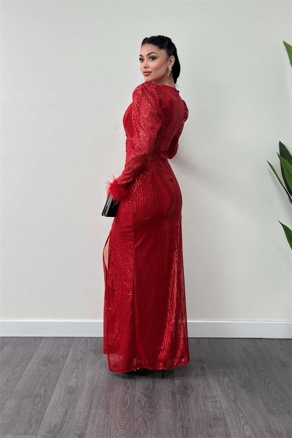 Pul Payet Kumaş Otriş Detaylı Abiye Elbise - KIRMIZI