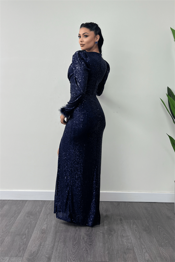 Pul Payet Kumaş Otriş Detaylı Abiye Elbise - LACİVERT