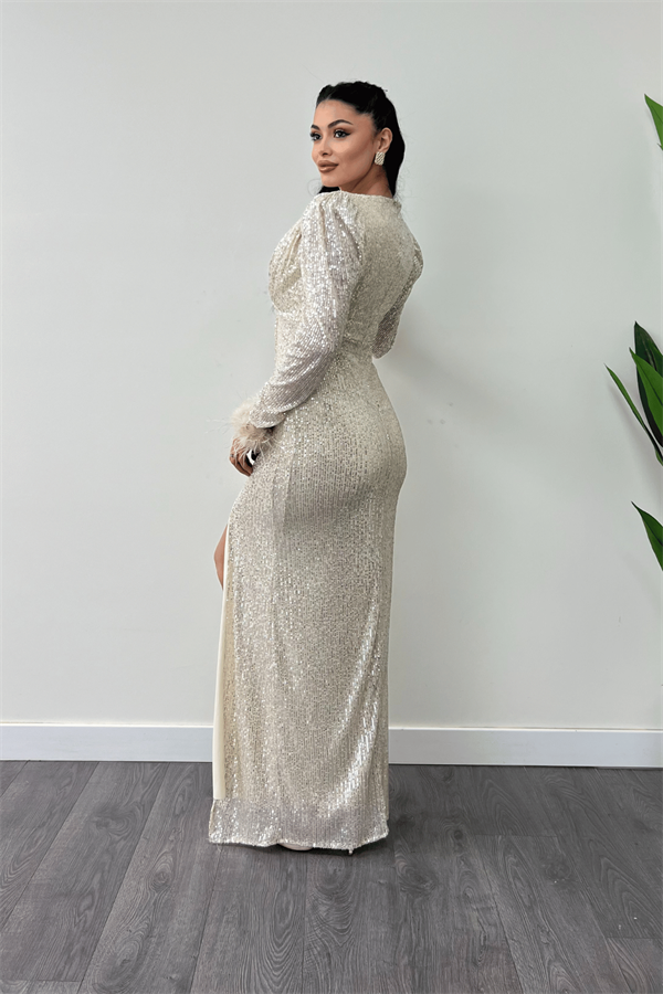 Pul Payet Kumaş Otriş Detaylı Abiye Elbise - GOLD