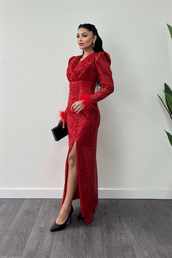 Pul Payet Kumaş Otriş Detaylı Abiye Elbise - KIRMIZI