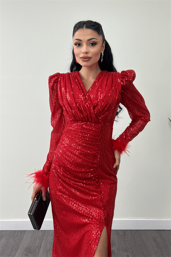 Pul Payet Kumaş Otriş Detaylı Abiye Elbise - KIRMIZI