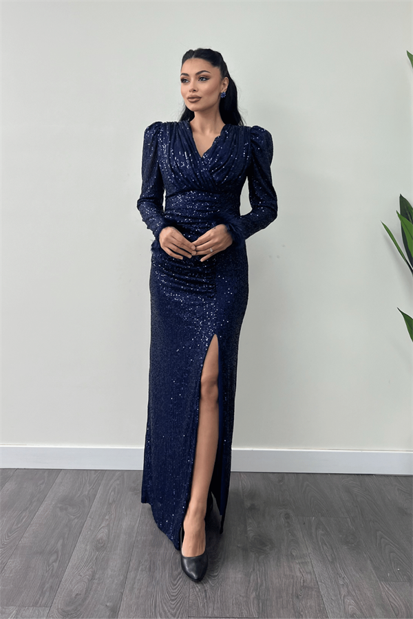 Pul Payet Kumaş Otriş Detaylı Abiye Elbise - LACİVERT