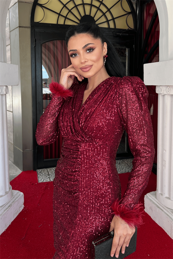 Pul Payet Kumaş Otriş Detaylı Abiye Elbise - BORDO