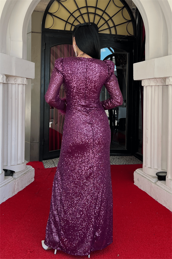 Pul Payet Kumaş Otriş Detaylı Abiye Elbise - PATLICAN MOR