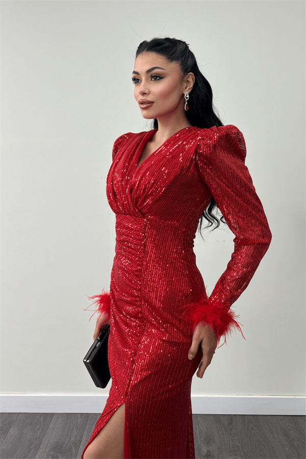 Pul Payet Kumaş Otriş Detaylı Abiye Elbise - KIRMIZI