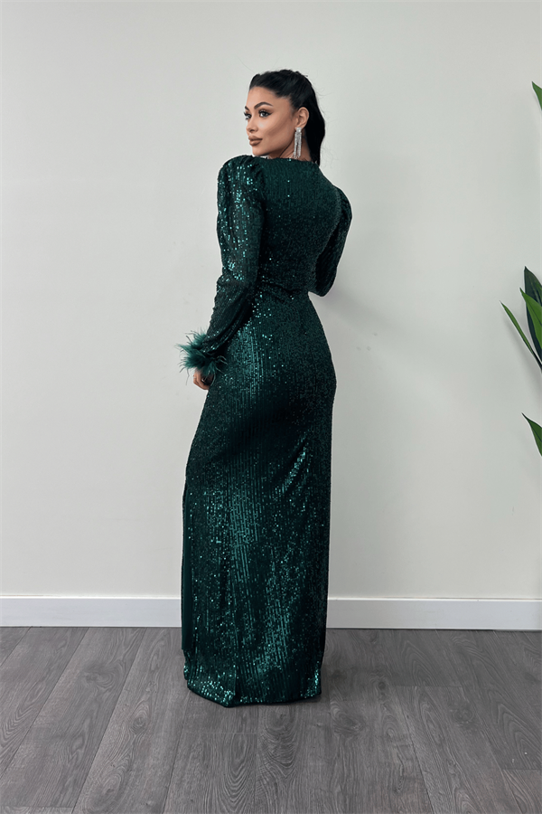 Pul Payet Kumaş Otriş Detaylı Abiye Elbise - ZÜMRÜT YEŞİL