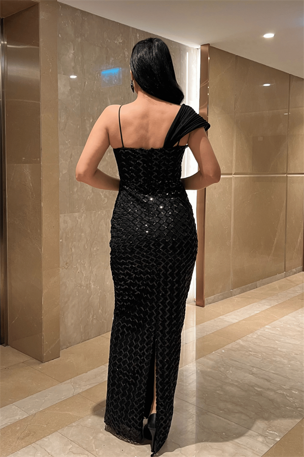 Pul Payet Kumaş Şal Detaylı Abiye Elbise - SİYAH