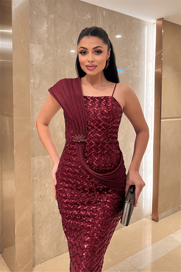 Pul Payet Kumaş Şal Detaylı Abiye Elbise - BORDO