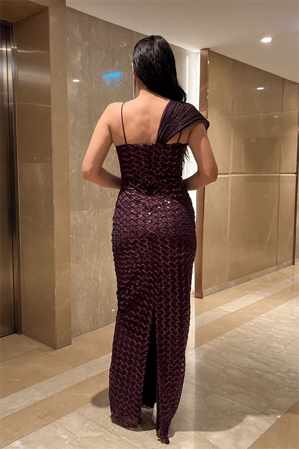 Pul Payet Kumaş Şal Detaylı Abiye Elbise - PATLICAN MOR