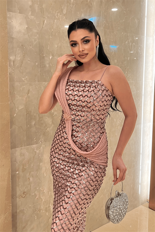 Pul Payet Kumaş Şal Detaylı Abiye Elbise - PUDRA