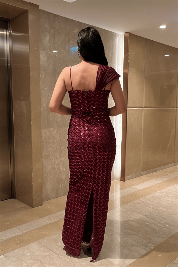 Pul Payet Kumaş Şal Detaylı Abiye Elbise - BORDO