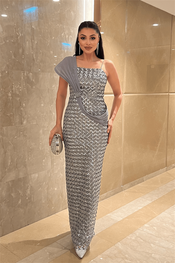 Pul Payet Kumaş Şal Detaylı Abiye Elbise - GÜMÜŞ