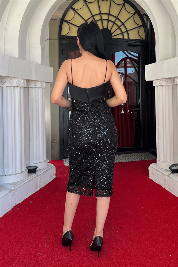 Pul Payet Kumaş Saten Detaylı Kalem Elbise - SİYAH