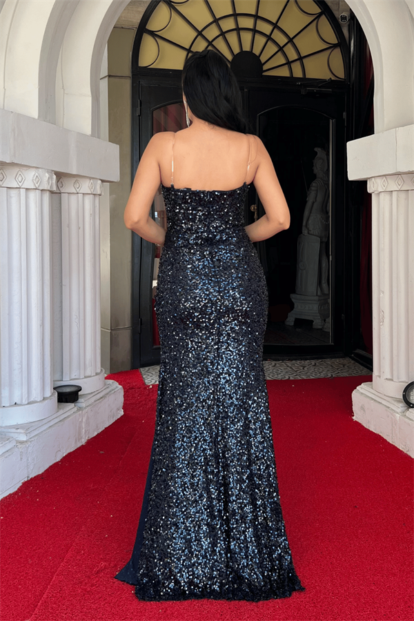 Pul Payet Kumaş Straplez Abiye Elbise - LACİVERT