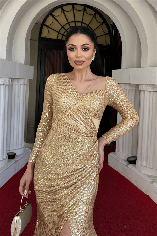 Pul Payet Kumaş Tasarım Büzgü Detaylı Elbise - GOLD