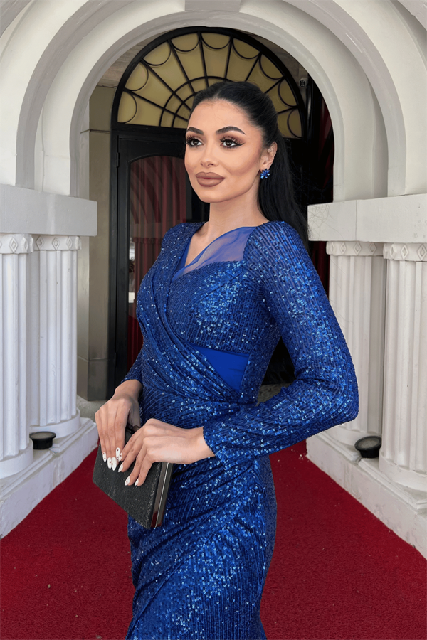 Pul Payet Kumaş Tasarım Büzgü Detaylı Elbise - SAKS MAVİ